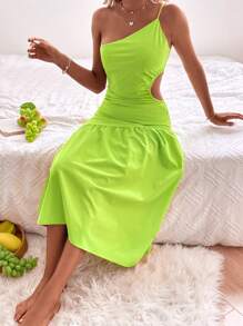 SHEIN VCAY Asymmetrical Shoulder Cut Out Waist Dress - Lime Green - View 5