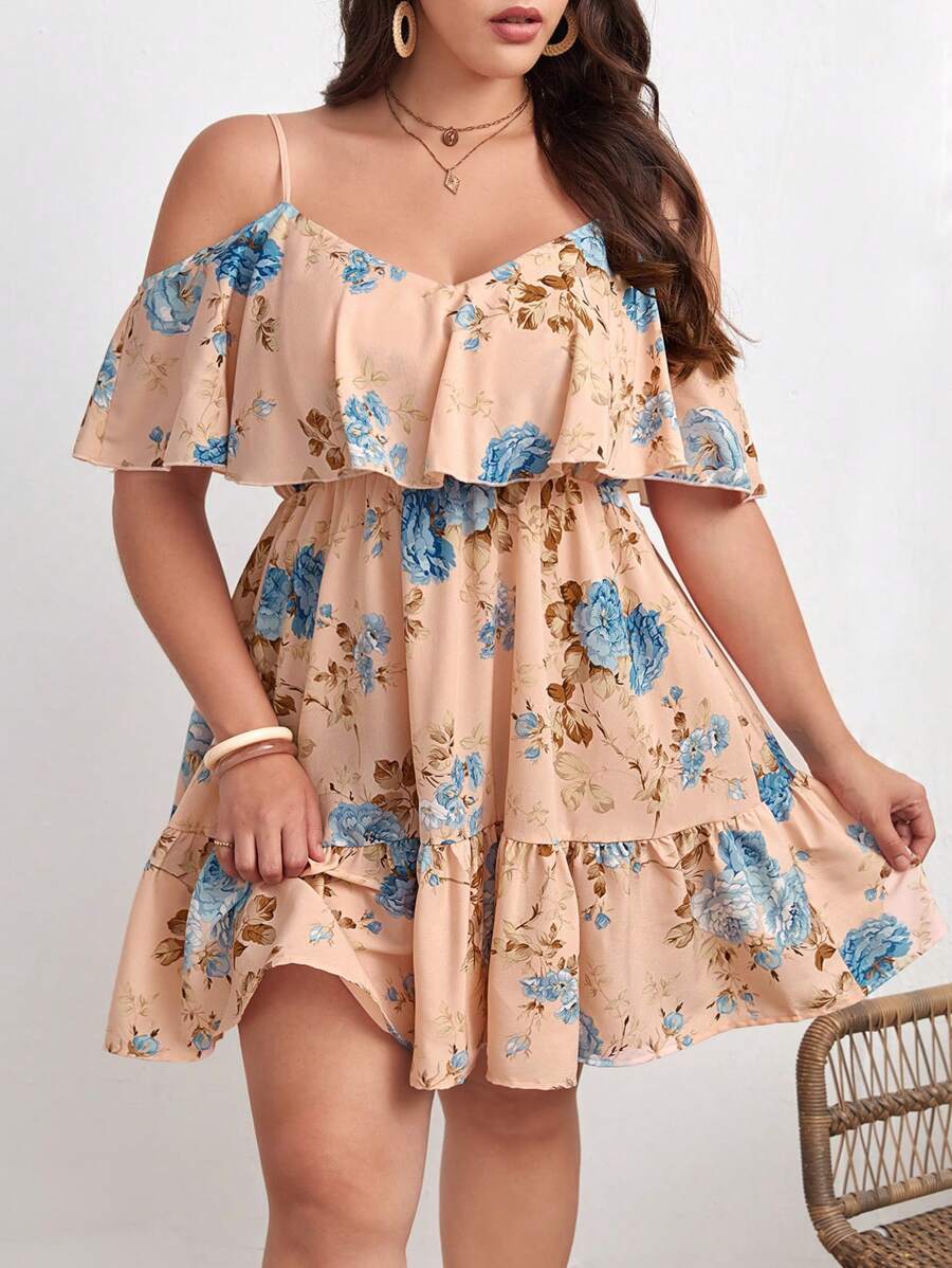 SHEIN VCAY Plus Floral Print Cold Shoulder Ruffle Hem Summer Boho Dress,Beach Dress Sundress,Holiday Outfits - Apricot - View 1