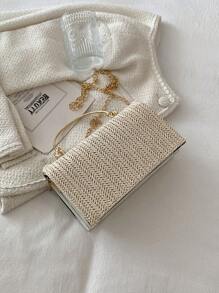 Mini Two Tone Flap Straw Bag Metal Decor, Summer Straw Beach Bag For Women, Vacation Essentials, Perfectly Matching With Beach Accessories Women, Hottest Beach Bags For Women, Fashion Summer Vacation Bag, Beach Essentials Women Bags For Vacation & Holiday, Perfect For Summer, Vacation & Beach
