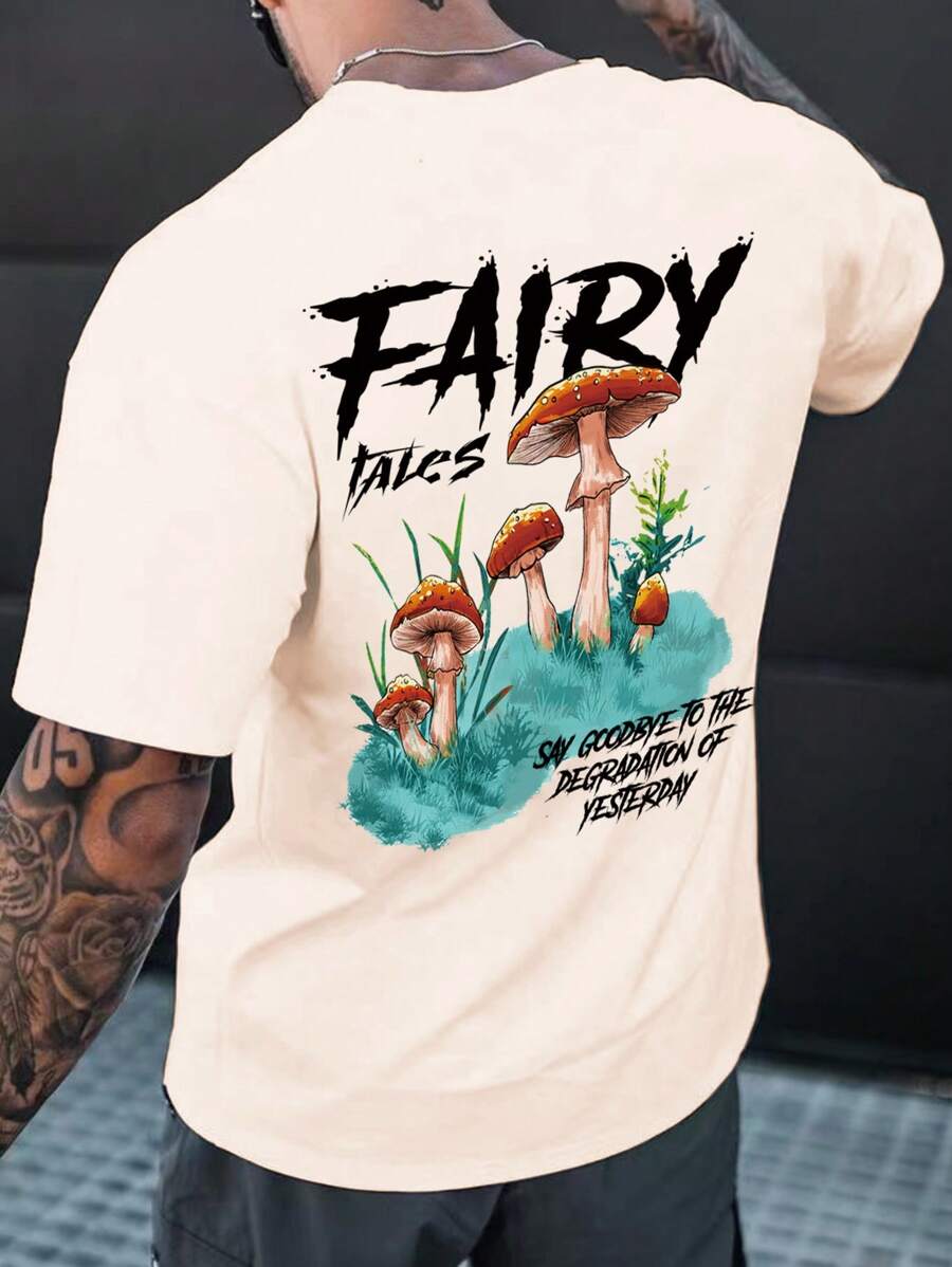 Manfinity EMRG 男士蘑菇和標語圖案T恤 - 杏色 - 查看 1