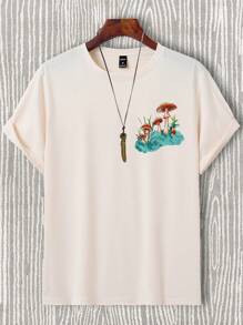 Manfinity EMRG 男士蘑菇和標語圖案T恤 - 杏色 - 查看 2