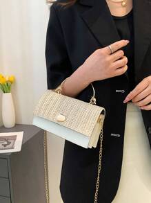 Mini Two Tone Flap Straw Bag Metal Decor, Summer Straw Beach Bag For Women, Vacation Essentials, Perfectly Matching With Beach Accessories Women, Hottest Beach Bags For Women, Fashion Summer Vacation Bag, Beach Essentials Women Bags For Vacation & Holiday, Perfect For Summer, Vacation & Beach