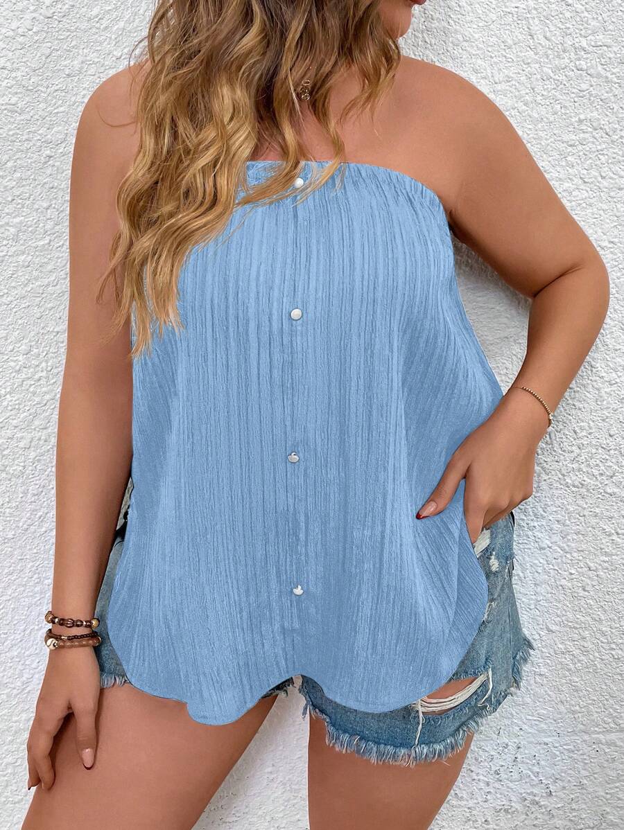 SHEIN LUNE áo nữ kích thước lớn Nút phía trước màu trơn Giải trí - Màu xanh lam - Xem 1