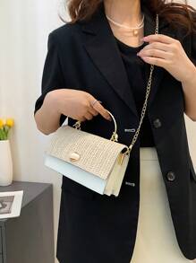 Mini Two Tone Flap Straw Bag Metal Decor, Summer Straw Beach Bag For Women, Vacation Essentials, Perfectly Matching With Beach Accessories Women, Hottest Beach Bags For Women, Fashion Summer Vacation Bag, Beach Essentials Women Bags For Vacation & Holiday, Perfect For Summer, Vacation & Beach