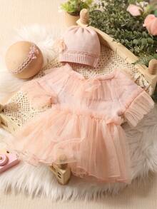 Newborn Photography Ruffle Trim Mesh Overlay Bodysuit & Hat & Headband - Coral Pink - View 2