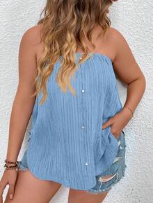 SHEIN LUNE áo nữ kích thước lớn Nút phía trước màu trơn Giải trí - Màu xanh lam - Xem 3