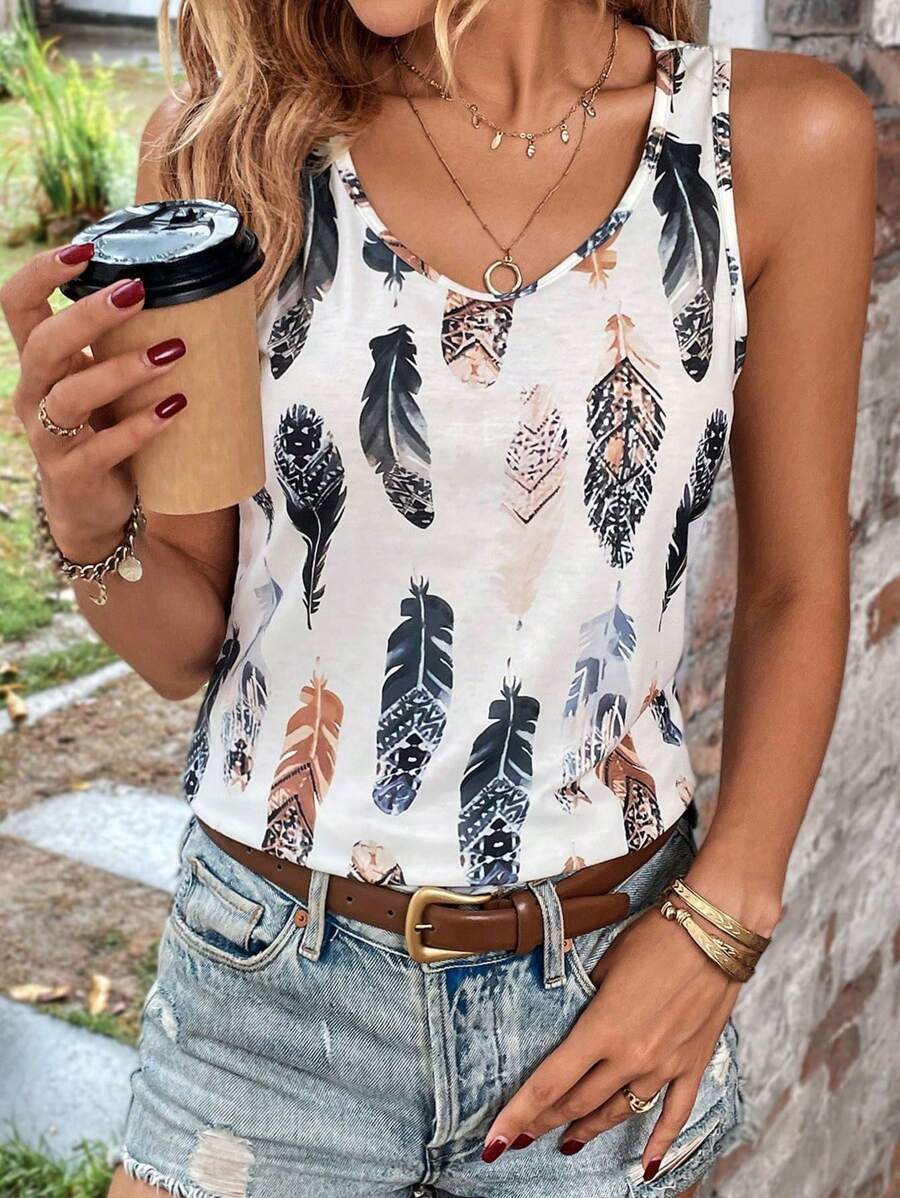 SHEIN LUNE Feather Print Tank Top Graphic Tees Women Tops - Multicolor - View 1