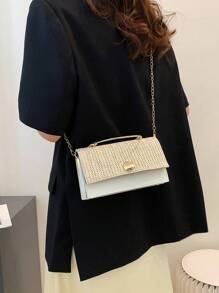Mini Two Tone Flap Straw Bag Metal Decor, Summer Straw Beach Bag For Women, Vacation Essentials, Perfectly Matching With Beach Accessories Women, Hottest Beach Bags For Women, Fashion Summer Vacation Bag, Beach Essentials Women Bags For Vacation & Holiday, Perfect For Summer, Vacation & Beach