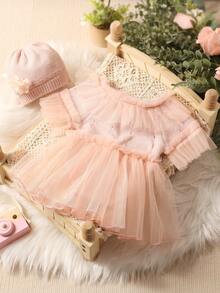 Newborn Photography Ruffle Trim Mesh Overlay Bodysuit & Hat & Headband - Coral Pink - View 4