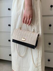 迷你雙色翻蓋草編包金屬裝飾 - 黑色 - 查看 5