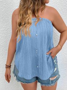 SHEIN LUNE áo nữ kích thước lớn Nút phía trước màu trơn Giải trí - Màu xanh lam - Xem 5