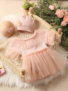 Newborn Photography Ruffle Trim Mesh Overlay Bodysuit & Hat & Headband - Coral Pink - View 8