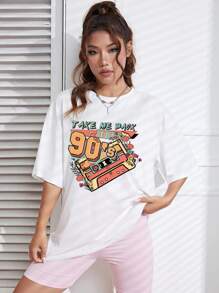 SHEIN EZwear Radio Tape & Letter Graphic Drop Shoulder Tee - White - View 3