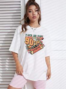 SHEIN EZwear Radio Tape & Letter Graphic Drop Shoulder Tee - White - View 4