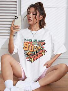 SHEIN EZwear Radio Tape & Letter Graphic Drop Shoulder Tee - White - View 5