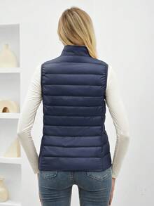 ZIAI Women's Stand Collar Lightweight Short Down Vest, Multiple Colors, Casual Outdoor Autumn/Winter - Navy Blue - View 3