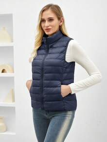 ZIAI Women's Stand Collar Lightweight Short Down Vest, Multiple Colors, Casual Outdoor Autumn/Winter - Navy Blue - View 5
