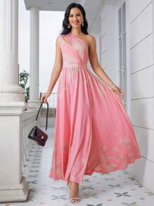 One Shoulder Split Thigh Dress - Pink - View 1