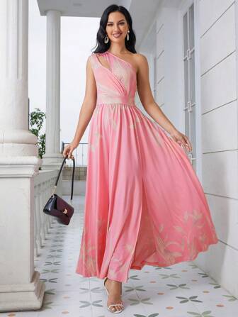 單肩高衩連衣裙