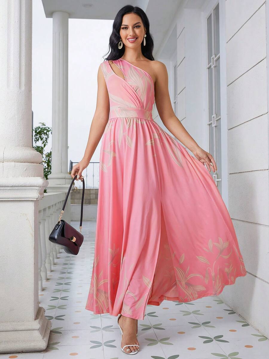 One Shoulder Split Thigh Dress - Pink - View 1