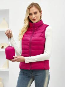 ZIAI 女士立领轻薄短款羽绒背心，多种颜色可选，休闲户外秋冬款 - 玫紅色 - 查看 4