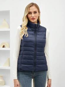 ZIAI Women's Stand Collar Lightweight Short Down Vest, Multiple Colors, Casual Outdoor Autumn/Winter - Navy Blue - View 6