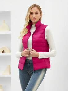 ZIAI 女士立领轻薄短款羽绒背心，多种颜色可选，休闲户外秋冬款 - 玫紅色 - 查看 6