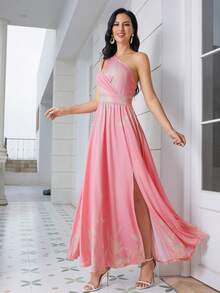 One Shoulder Split Thigh Dress - Pink - View 3