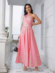 One Shoulder Split Thigh Dress - Pink - View 4
