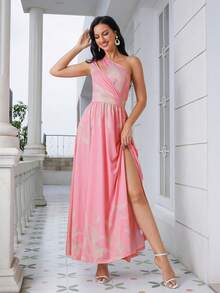 One Shoulder Split Thigh Dress - Pink - View 5