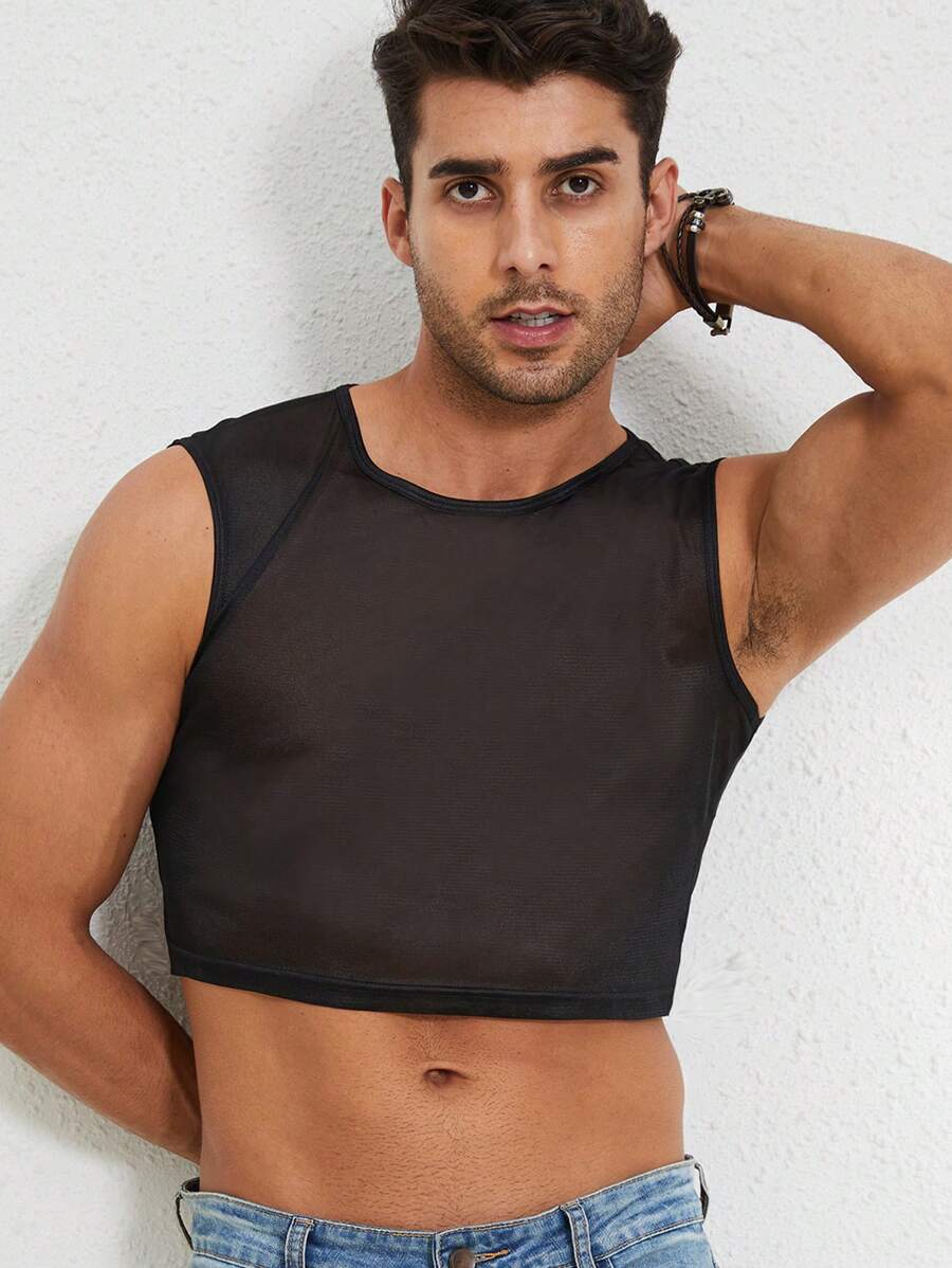 Hombres Top tank crop de malla - Negro - Ver 1