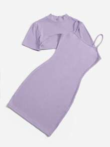 SHEIN Essnce Bộ đồ hai mảnh nữ Gân đan màu trơn Giải trí - Màu Lilac Tím - Xem 3