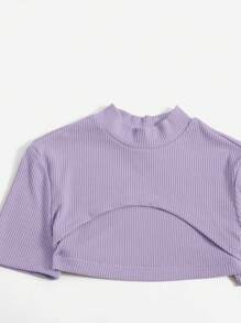 SHEIN Essnce Bộ đồ hai mảnh nữ Gân đan màu trơn Giải trí - Màu Lilac Tím - Xem 5