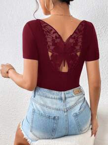 SHEIN Privé Contrast Butterfly Embroidery Mesh Back Tee - Burgundy - View 2