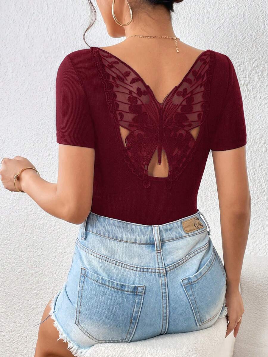 SHEIN Privé Contrast Butterfly Embroidery Mesh Back Tee
