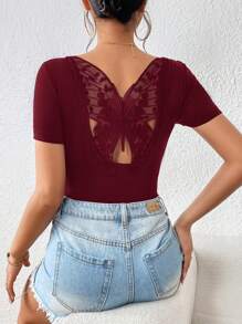 SHEIN Privé Contrast Butterfly Embroidery Mesh Back Tee - Burgundy - View 4