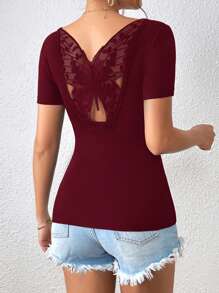 SHEIN Privé Contrast Butterfly Embroidery Mesh Back Tee - Burgundy - View 5