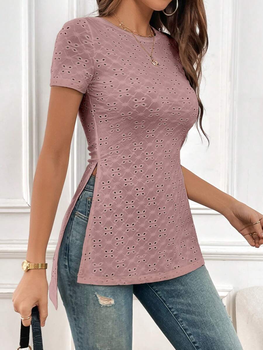 SHEIN Essnce 網眼刺繡下擺開叉T恤 - 藕粉色 - 查看 1