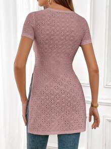 SHEIN Essnce 網眼刺繡下擺開叉T恤 - 藕粉色 - 查看 2