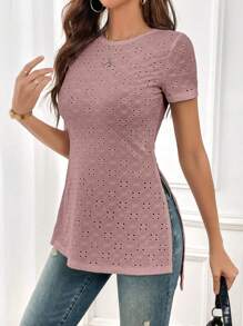 SHEIN Essnce 網眼刺繡下擺開叉T恤 - 藕粉色 - 查看 4