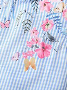 SHEIN 年輕女孩條紋與花卉印花荷葉邊鑲邊小鑽石開框背心上衣 - 藍白色 - 查看 7