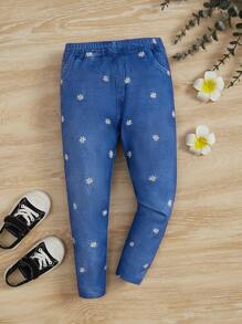 SHEIN Leggings con estampado floral de margaritas lindo y divertido para niña joven - Azul - Ver 1