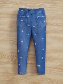 SHEIN Leggings con estampado floral de margaritas lindo y divertido para niña joven - Azul - Ver 2