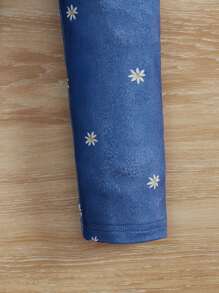 SHEIN Leggings con estampado floral de margaritas lindo y divertido para niña joven - Azul - Ver 3