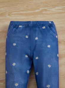 SHEIN Leggings con estampado floral de margaritas lindo y divertido para niña joven - Azul - Ver 4