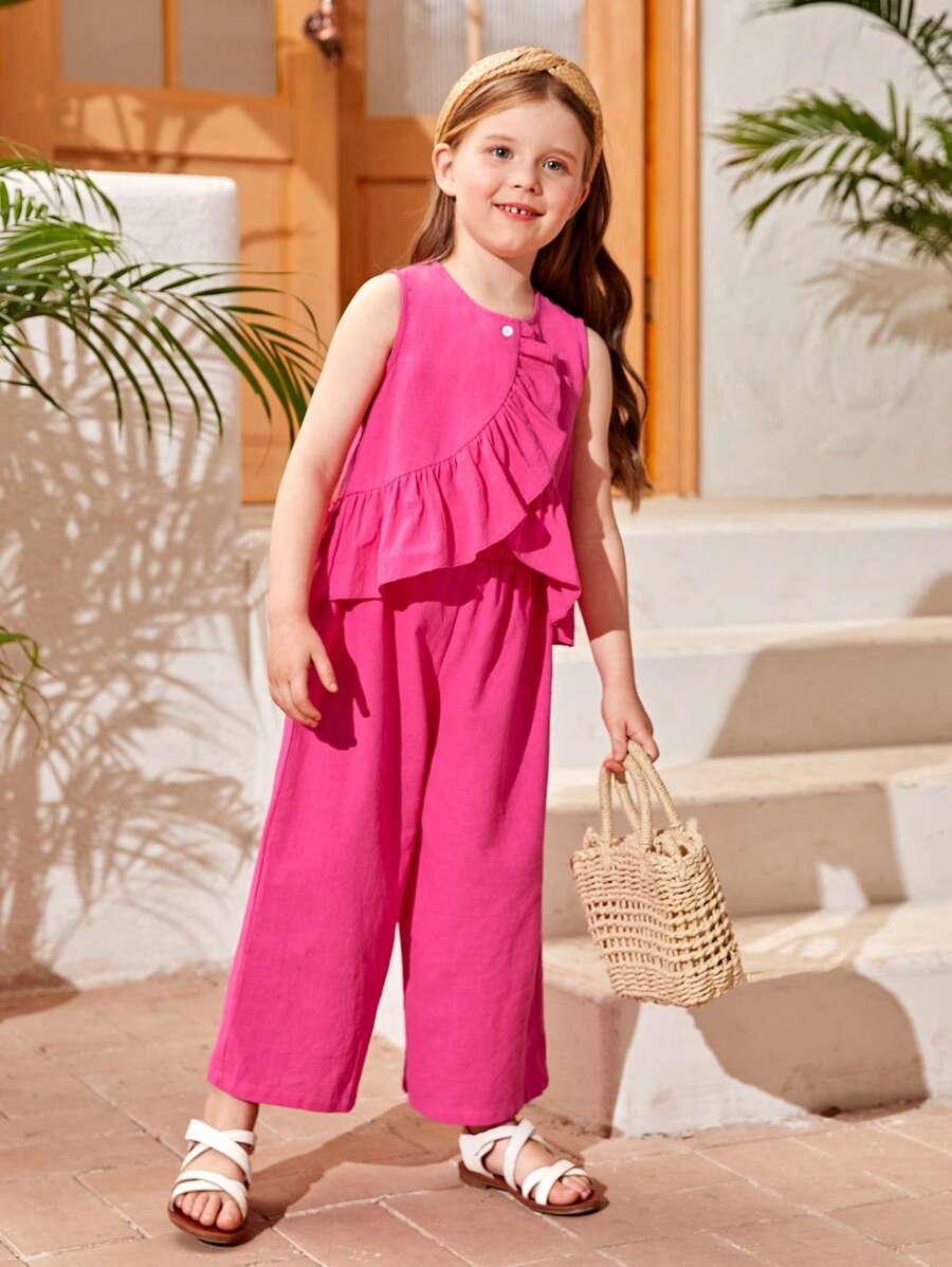 SHEIN 2023新款女童時尚夏季2件套韓版兒童可愛無袖背心闊腿褲套裝 - 玫紅色 - 查看 1