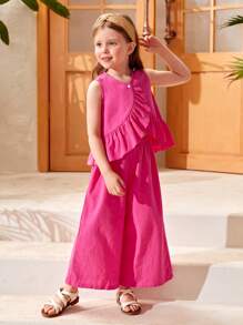 年轻女孩 2 件套：编织纯色圆领荷叶边下摆上衣和编织宽松阔腿裤