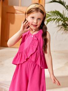 SHEIN 2023新款女童時尚夏季2件套韓版兒童可愛無袖背心闊腿褲套裝 - 玫紅色 - 查看 5