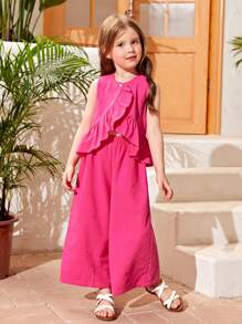 SHEIN 2023新款女童時尚夏季2件套韓版兒童可愛無袖背心闊腿褲套裝 - 玫紅色 - 查看 6