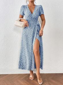 SHEIN Frenchy 碎花側打結圍裹式連衣裙 - 藍色 - 查看 1